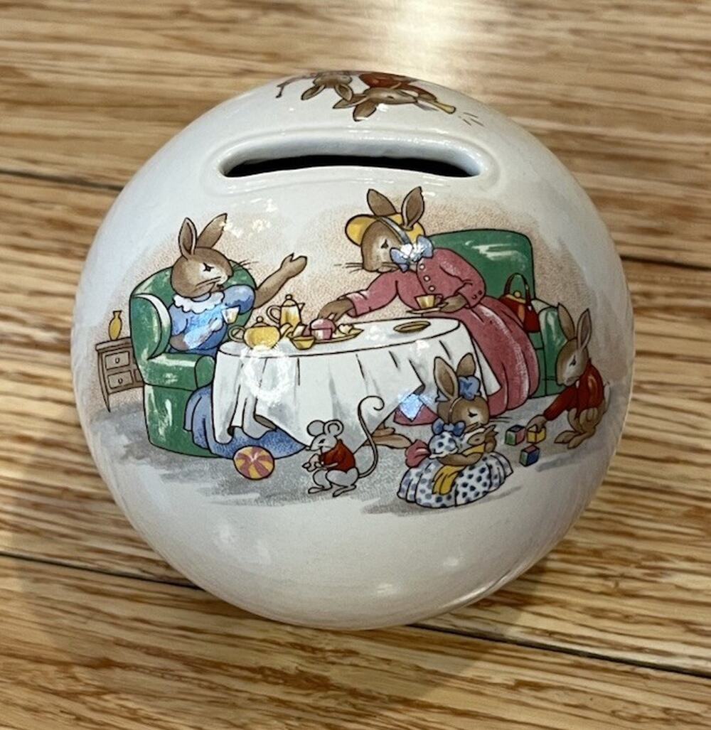 Royal Doulton Bunnykins Money Ball Bank Tea Time Party 3.5" 1984 VTG